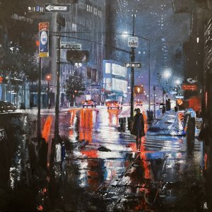 Pintura en acrílico sobre lienzo realizada por el artista Daniel Moyano en la serie Crying cities. Paisaje urbano nocturno bajo la lluvia, ambiente oscuro y reflexivo.