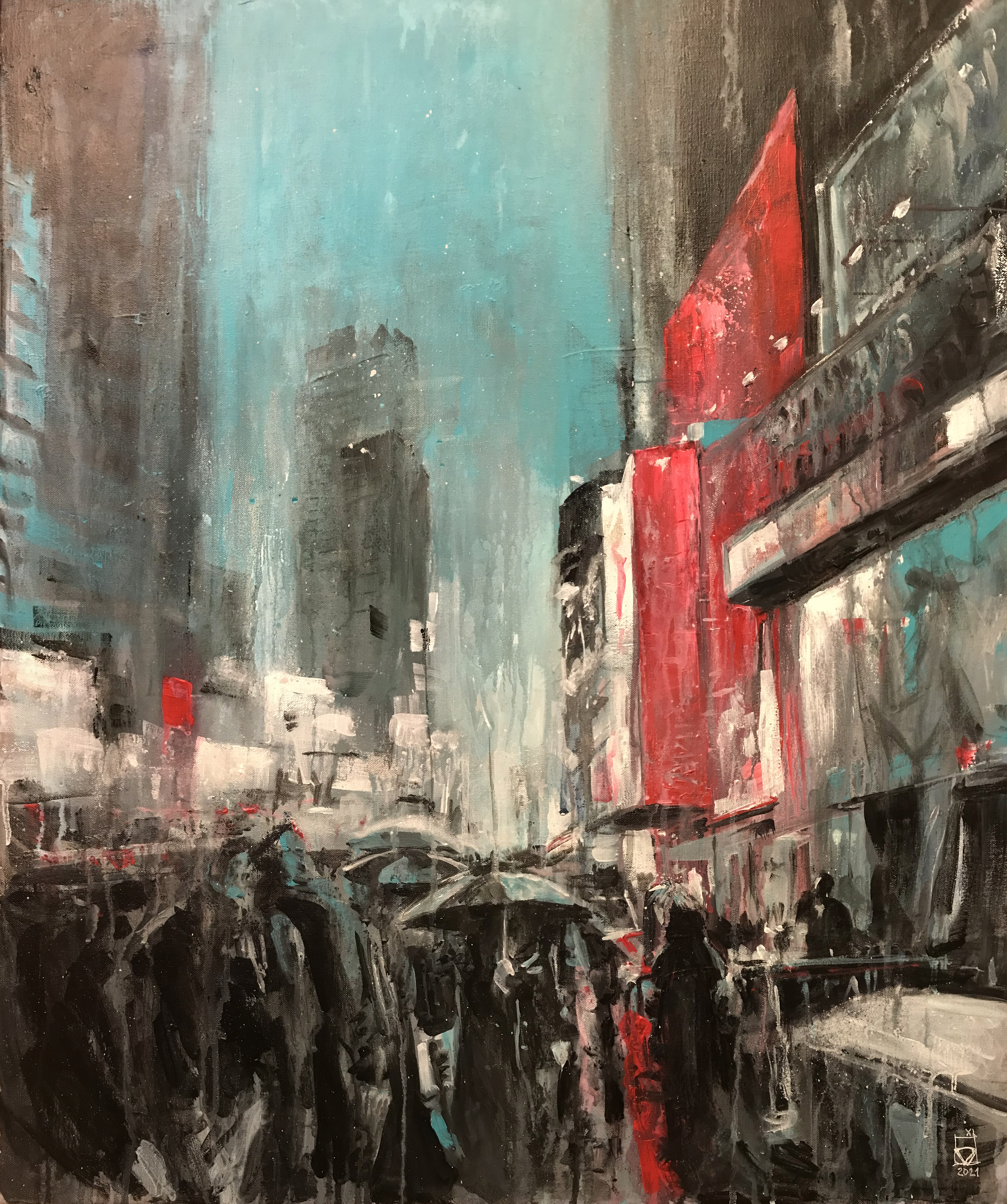 Pintura en acrílico sobre lienzo realizada por el artista Daniel Moyano en la serie Crying cities. Paisaje urbano nocturno bajo la lluvia, ambiente oscuro y reflexivo.