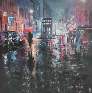 Pintura en acrílico sobre lienzo realizada por el artista Daniel Moyano en la serie Crying cities. Paisaje urbano nocturno bajo la lluvia, ambiente oscuro y reflexivo.
