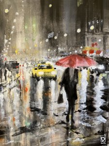 Pintura en acrílico sobre lienzo realizada por el artista Daniel Moyano en la serie Crying cities. Paisaje urbano nocturno bajo la lluvia, ambiente oscuro y reflexivo.