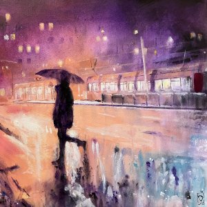 Pintura en acrílico sobre lienzo realizada por el artista Daniel Moyano en la serie Crying cities. Paisaje urbano nocturno bajo la lluvia, ambiente oscuro y reflexivo. Esta obra sirvió para ilustrar la portada del LP Ojalá fuera tan fácil del artista Quique Bizar.