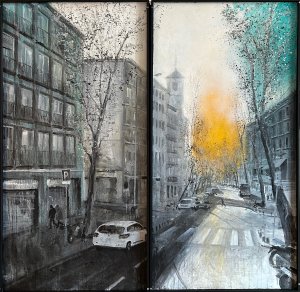 Imagen del tríptico cerrado El Camino pintado por el artista Daniel Moyano.