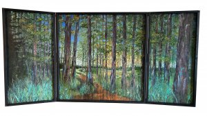 Imagen del tríptico abierto El Camino pintado por el artista Daniel Moyano.