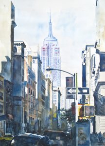 Acuarela de una calle de Nueva York pintada por el artista Daniel Moyano.