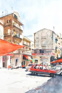 Acuarela de una calle de Palermo pintada por el artista Daniel Moyano.