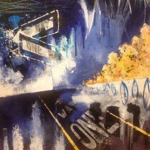 Pintura en acrílico y transferencia fotográfica sobre placa de yeso realizada por el artista Daniel Moyano en la serie Soundtrack, inspirada en la pieza Shine on you, crazy Diamond de Pink Floyd.