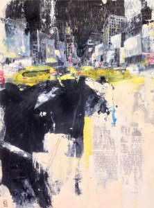 Pintura en acrílico y collage sobre papel realizada por el artista Daniel Moyano en la serie Soundtrack, inspirada en la pieza Leaving New York de REM.