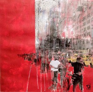 Pintura en acrílico y transferencia fotográfica sobre papel realizada por el artista Daniel Moyano en la serie Crying cities.