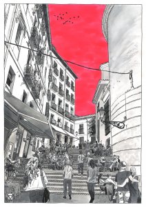 Pintura realizada por el artista Daniel Moyano realizada con tinta y acuarela que representa una calle de Madrid de la serie Splash Cities.