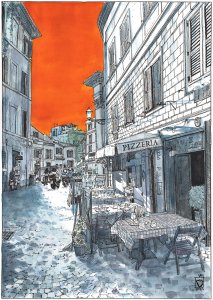 Pintura realizada por el artista Daniel Moyano realizada con tinta y acuarela que representa una calle de Roma de la serie Splash Cities.