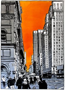 Pintura realizada por el artista Daniel Moyano realizada con tinta y acuarela que representa una calle de Nueva York de la serie Splash Cities.