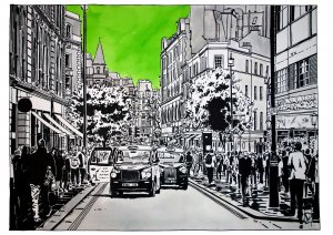 Pintura realizada por el artista Daniel Moyano realizada con tinta y acuarela que representa una calle de Londres de la serie Splash Cities.