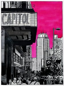 Pintura realizada por el artista Daniel Moyano realizada con tinta y acuarela que representa una calle de Madrid de la serie Splash Cities.