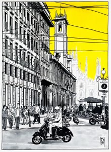 Pintura realizada por el artista Daniel Moyano realizada con tinta y acuarela que representa una calle de Milán de la serie Splash Cities.