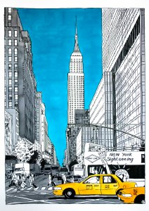 Pintura realizada por el artista Daniel Moyano realizada con tinta y acuarela que representa una calle de Nueva York de la serie Splash Cities.