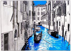 Pintura realizada por el artista Daniel Moyano realizada con tinta y acuarela que representa un canal de Venecia de la serie Splash Cities.