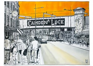 Pintura realizada por el artista Daniel Moyano realizada con tinta y acuarela que representa una calle de Londres de la serie Splash Cities.