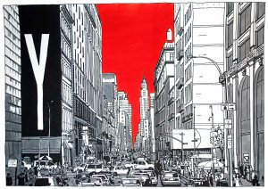 Pintura realizada por el artista Daniel Moyano realizada con tinta y acuarela que representa una calle de Nueva York de la serie Splash Cities.